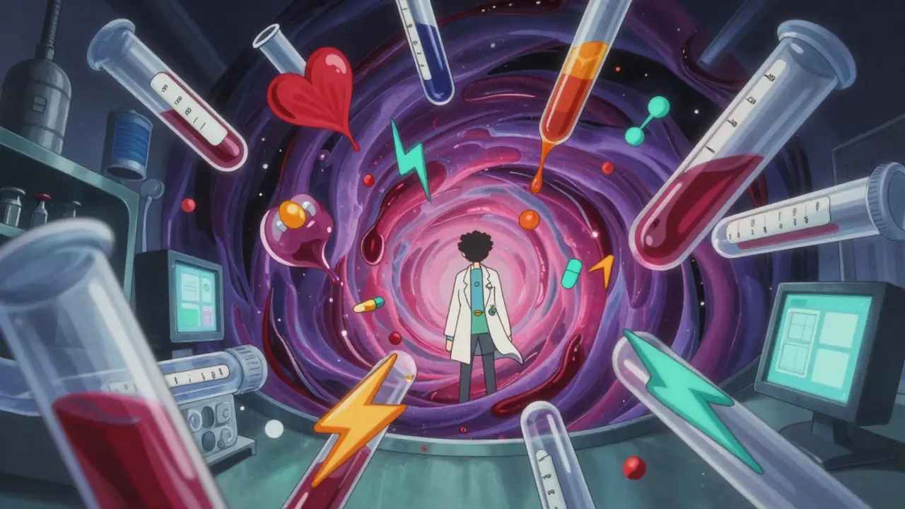 Stylized lab scene with floating test tubes and abstract medical symbols