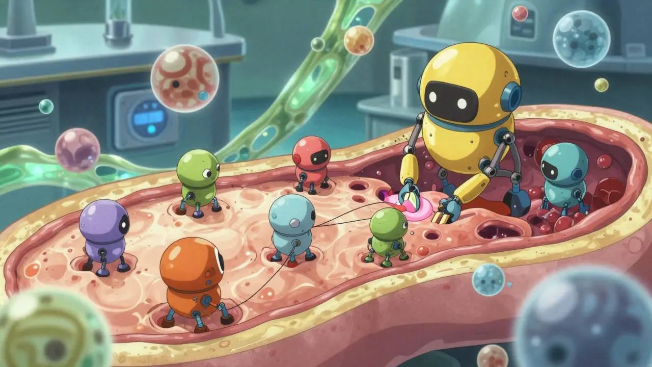 Whimsical anime art of enzymes repairing pancreatic tissue