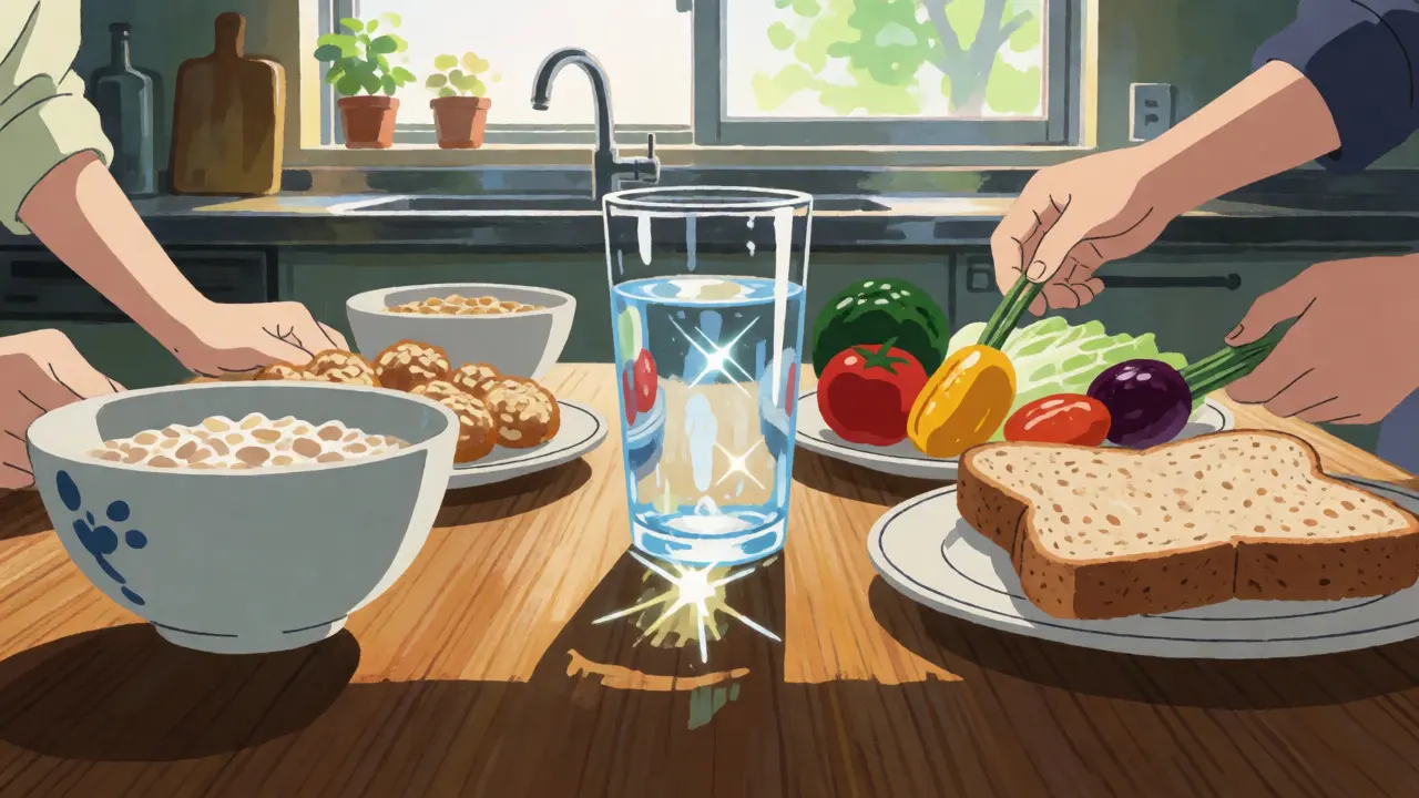 Anime style display of balanced fiber-rich foods and water