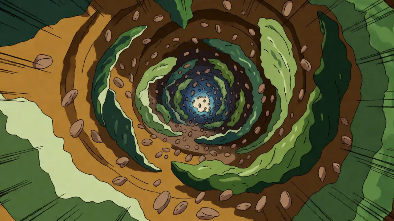 Dynamic manga art of insoluble fiber sweeping through the intestines
