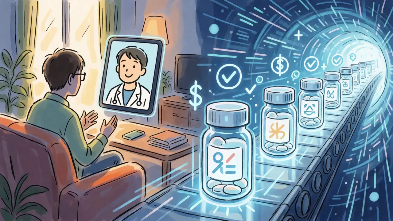 Patient consulting a doctor via video call while pills travel on a digital conveyor belt.